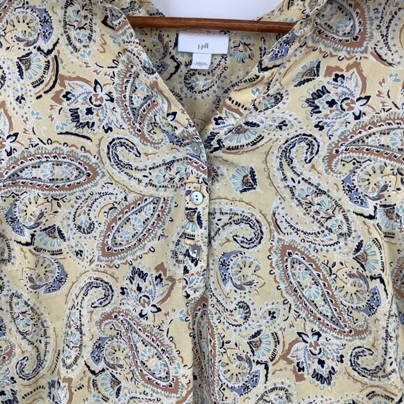 J.Jill Women's Yellow Paisley Blouse 2X Roll Tab Sleeve V-Neck Top - Picture 3 of 6